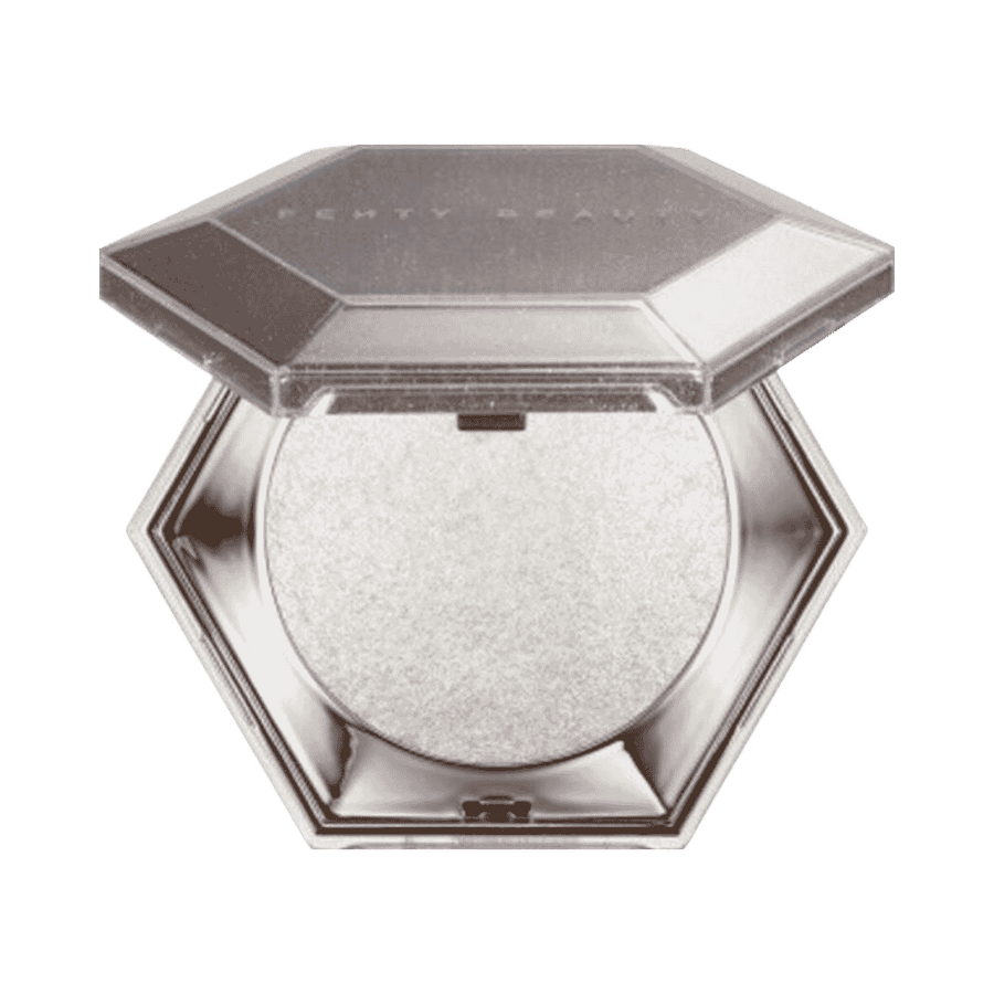 Fenty Beauty Diamond Bomb highlighter in silver hexagonal compact with open lid and white shimmer pan