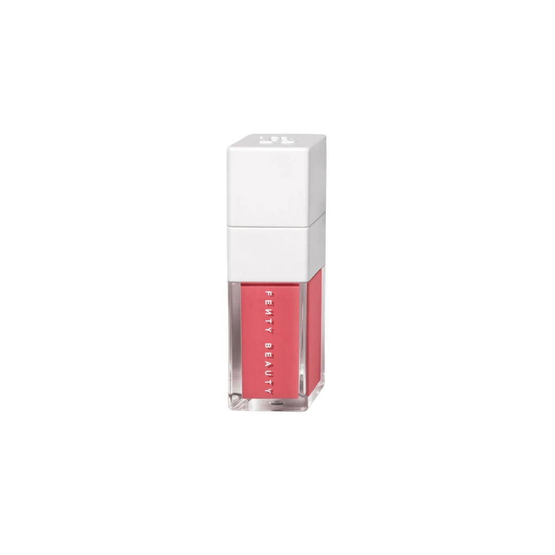 Fenty Beauty Shake ’N Play luminous liquid blush in coral-red shade, shown with white cap and box.