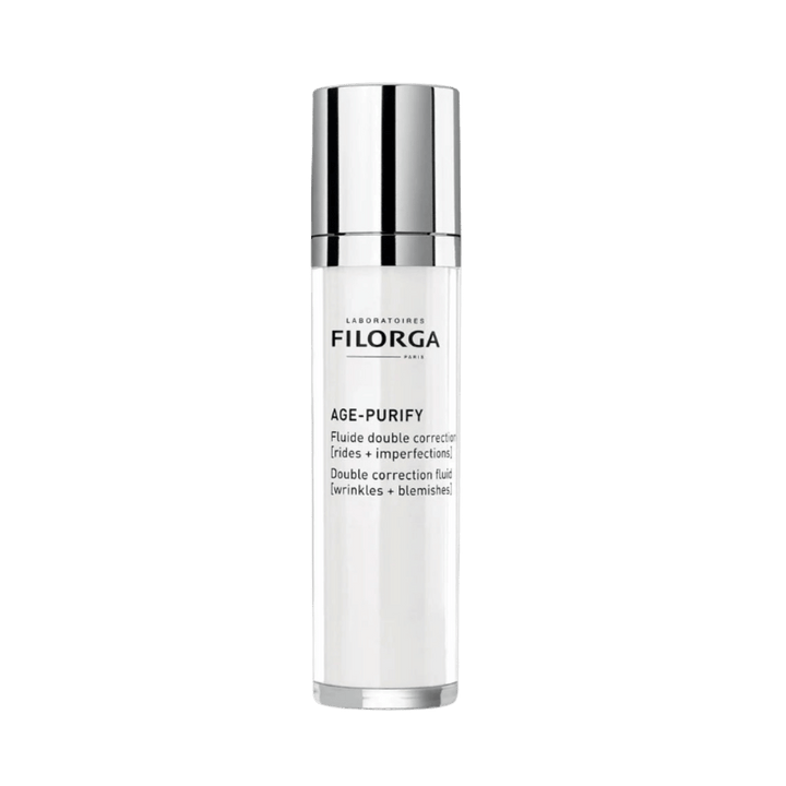 Filorga Age-Purify Double Correction Fluid facial serum pump bottle, white packaging, 50ml.