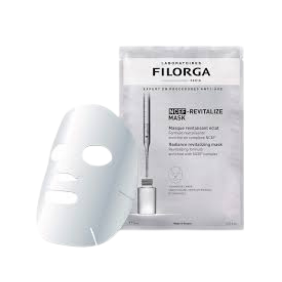 Filorga NCEF-Revitalize radiance sheet mask, 20ml, white facial mask beside silver single-use sachet