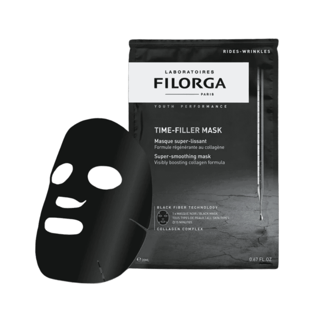 Filorga Time-Filler Mask single black fiber sheet mask 20ml in black sachet packaging.