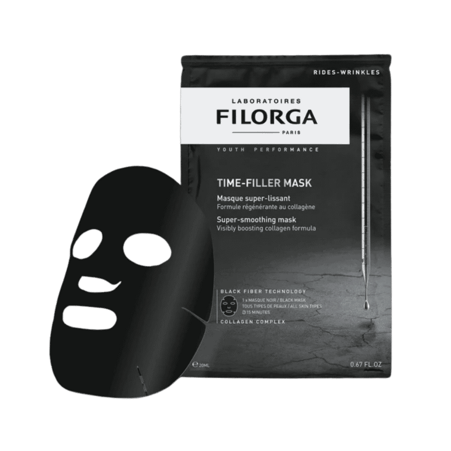 Filorga Time-Filler Mask single black fiber sheet mask 20ml in black sachet packaging.