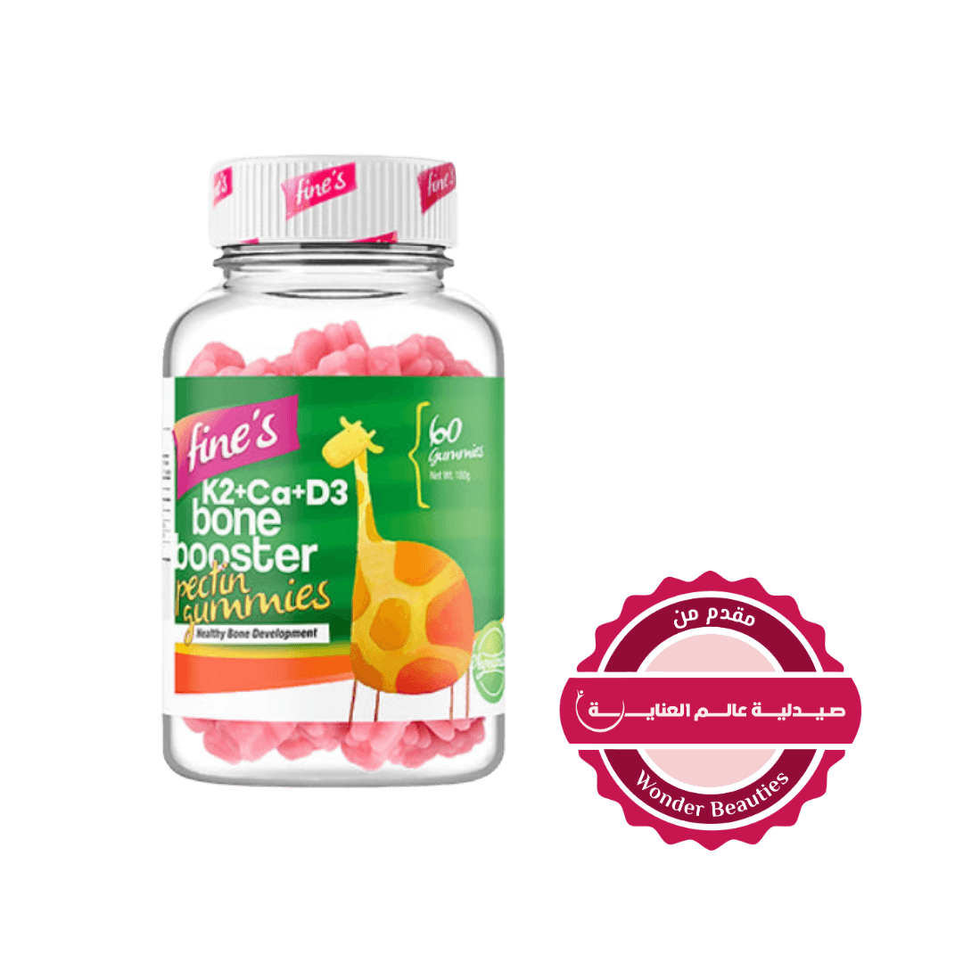 Fine's K2+Ca+D3 Bone Booster Pectin Gummies, 60 gummies, for healthy bone development, featuring a giraffe illustration and Wonder Beauties branding.
