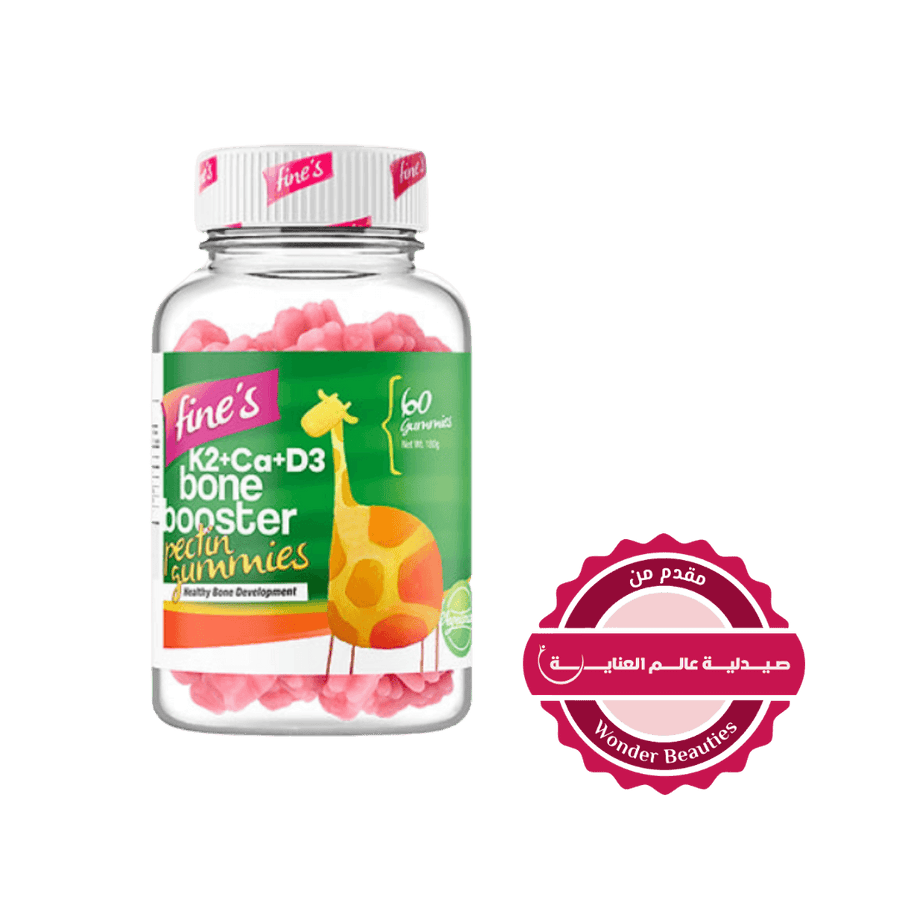 Fine's K2+Ca+D3 Bone Booster Pectin Gummies, 60 gummies, for healthy bone development, featuring a giraffe illustration and Wonder Beauties branding.