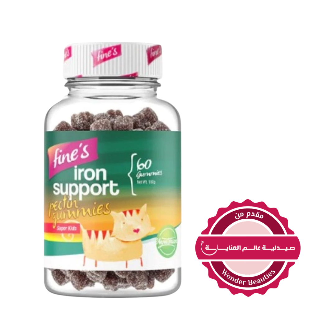 Fine's iron support gummies bottle 60 pieces peach flavor clear jar white cap label with cartoon illustration
