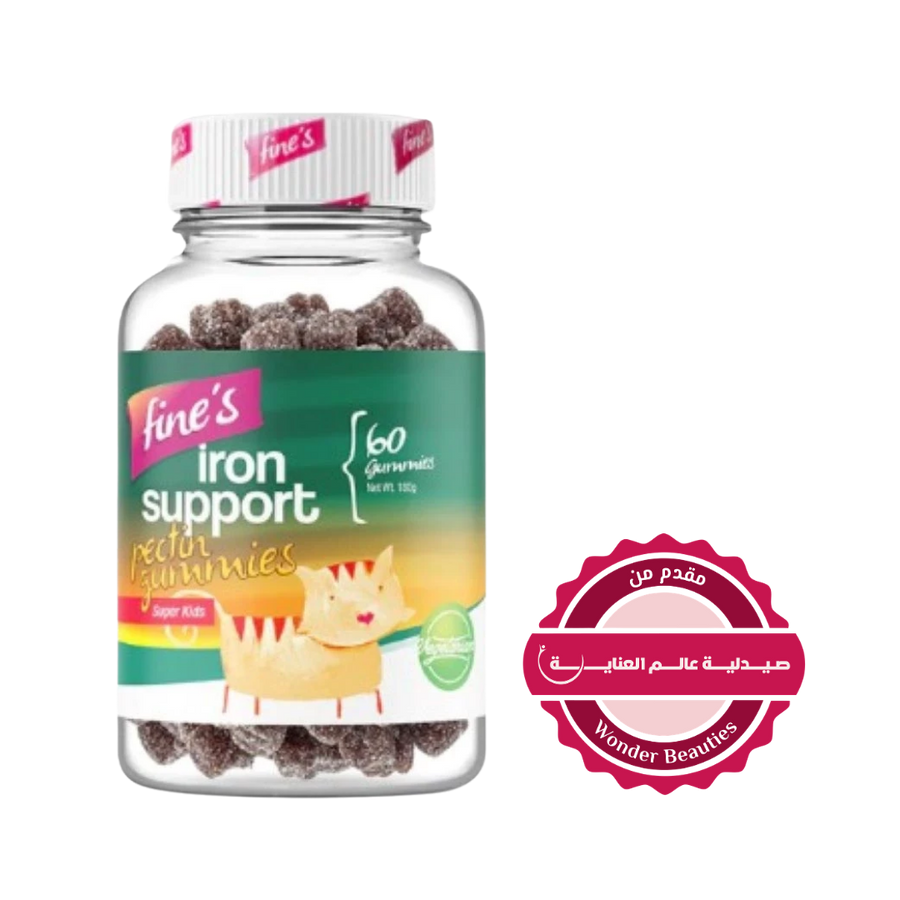 Fine's iron support gummies bottle 60 pieces peach flavor clear jar white cap label with cartoon illustration