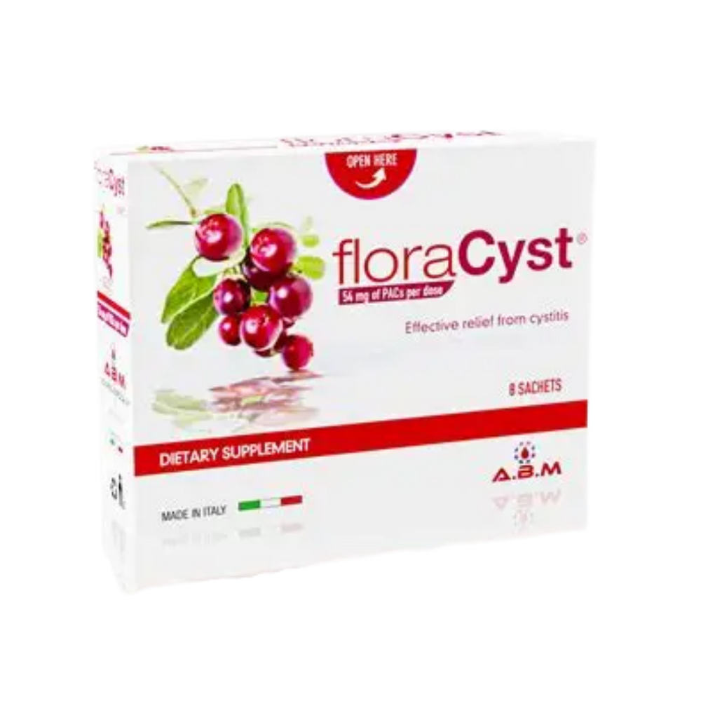 FloraCyst dietary supplement box, containing 8 sachets, with 54 mg of PACs per dose, for cystitis relief.
