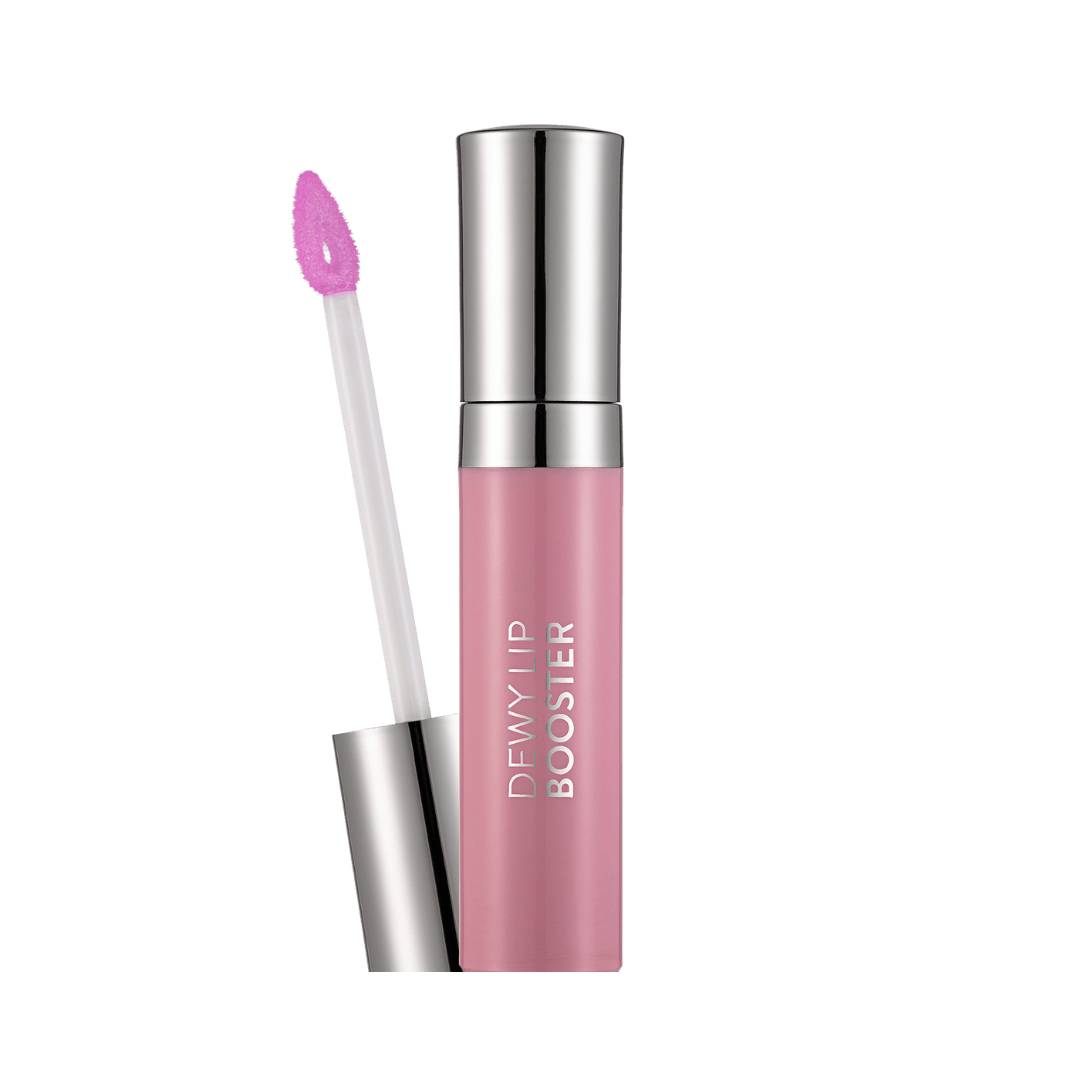 Flormar Dewy Lip Booster gloss, pink shade, with applicator wand and silver cap packaging.