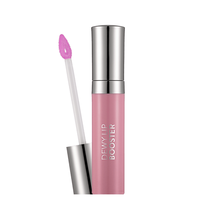 Flormar Dewy Lip Booster gloss, pink shade, with applicator wand and silver cap packaging.