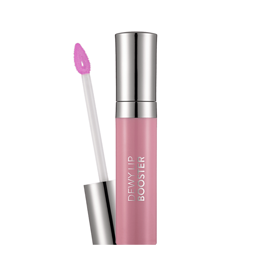Flormar Dewy Lip Booster gloss, pink shade, with applicator wand and silver cap packaging.