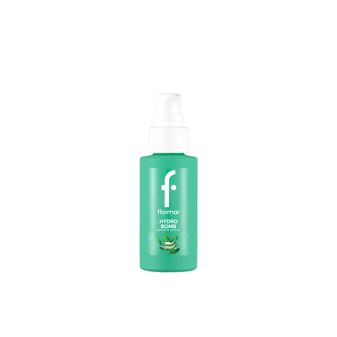 Flormar Hydro Bomb serum and primer in green pump bottle with aloe graphic label