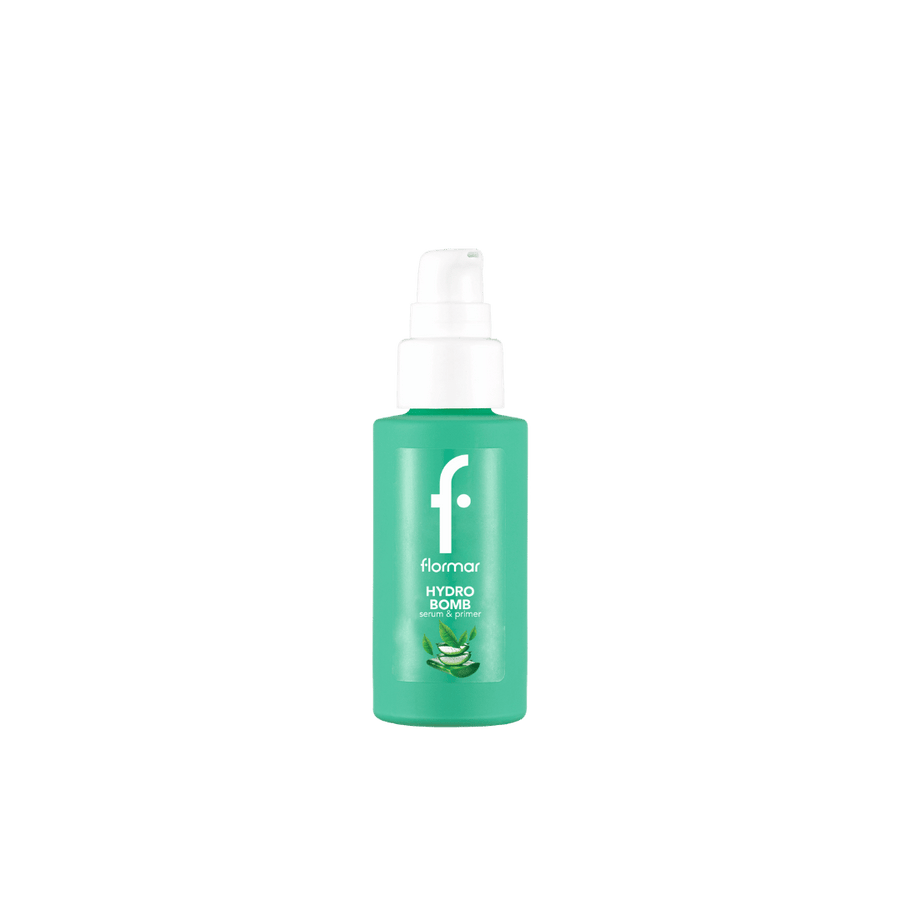 Flormar Hydro Bomb serum and primer in green pump bottle with aloe graphic label