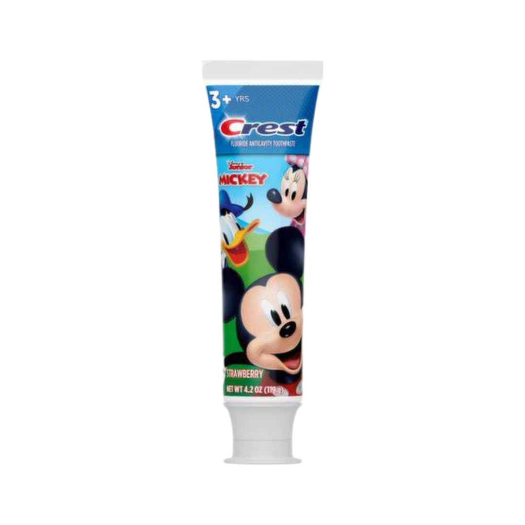 Crest kids fluoride toothpaste strawberry flavor, 4.2 oz tube, Disney Mickey Mouse character packaging, blue design
