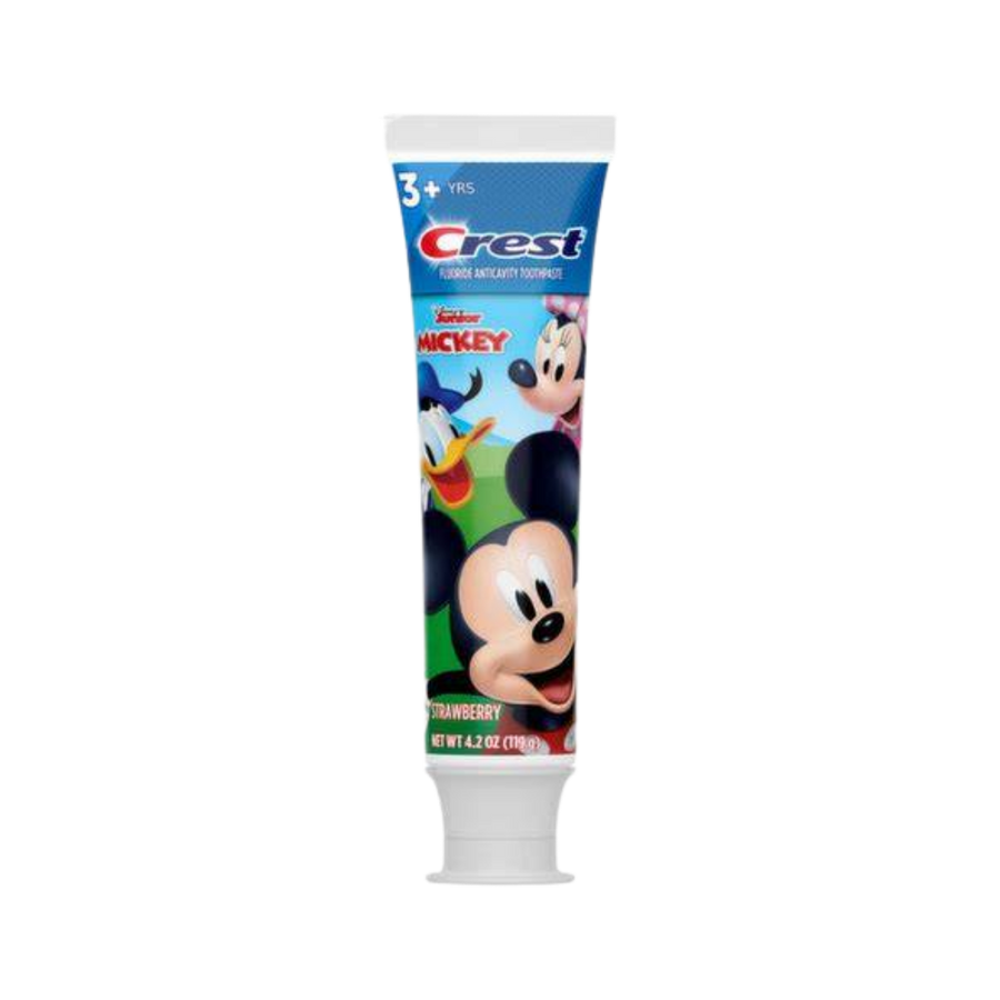Crest kids fluoride toothpaste strawberry flavor, 4.2 oz tube, Disney Mickey Mouse character packaging, blue design
