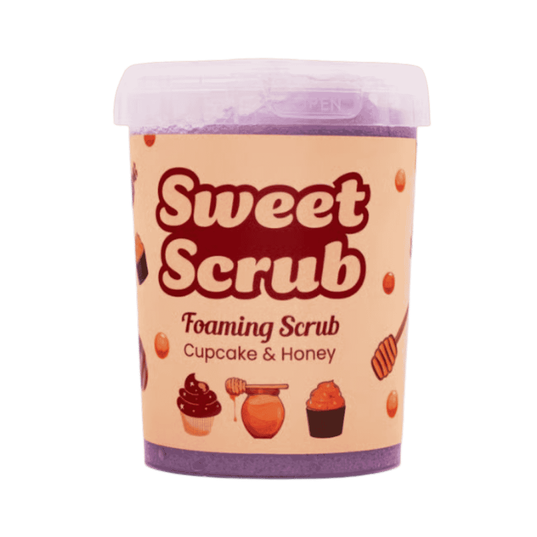 Sweet Scrub Cupcake and Honey foaming body scrub 500g jar with scented exfoliating formula.