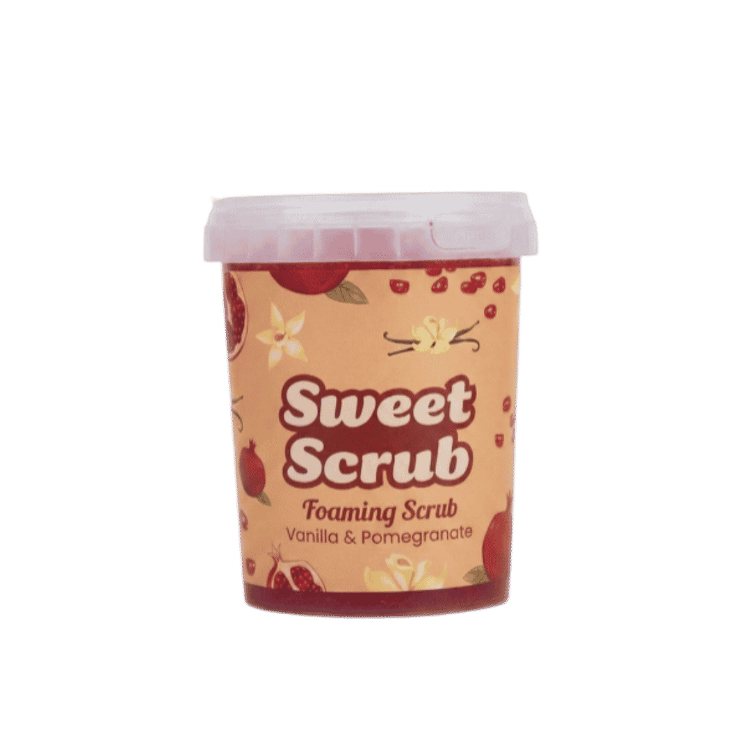 Sweet Scrub foaming body scrub, vanilla and pomegranate, in peach tub with translucent lid.