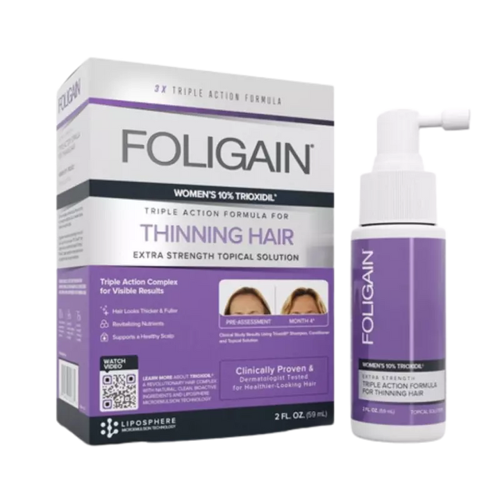 Foligain Women's 10% Trioxidil topical solution for thinning hair, 59 ml pump bottle with branded box packaging