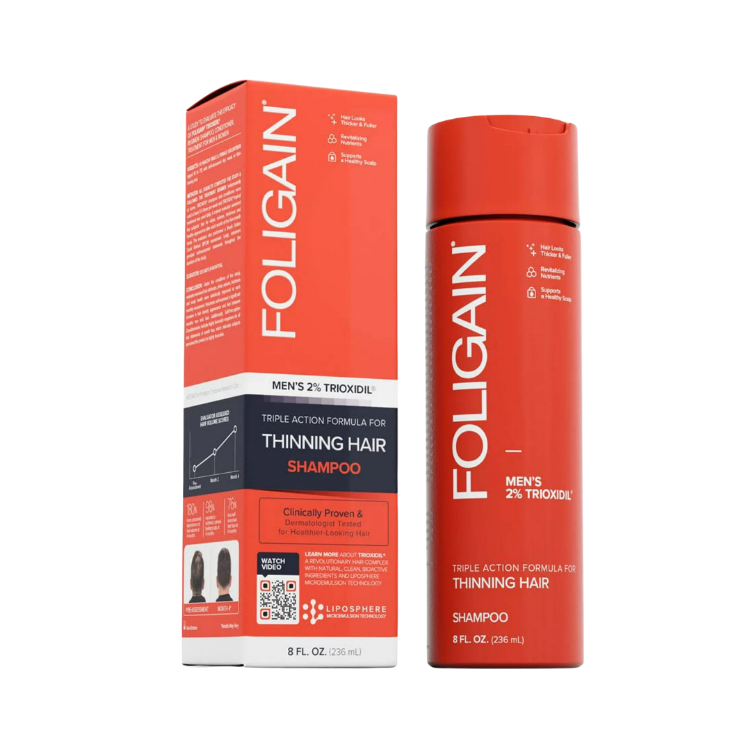 Foligain men’s 2% Trioxidil thinning hair shampoo, 236 ml orange bottle with matching branded box packaging