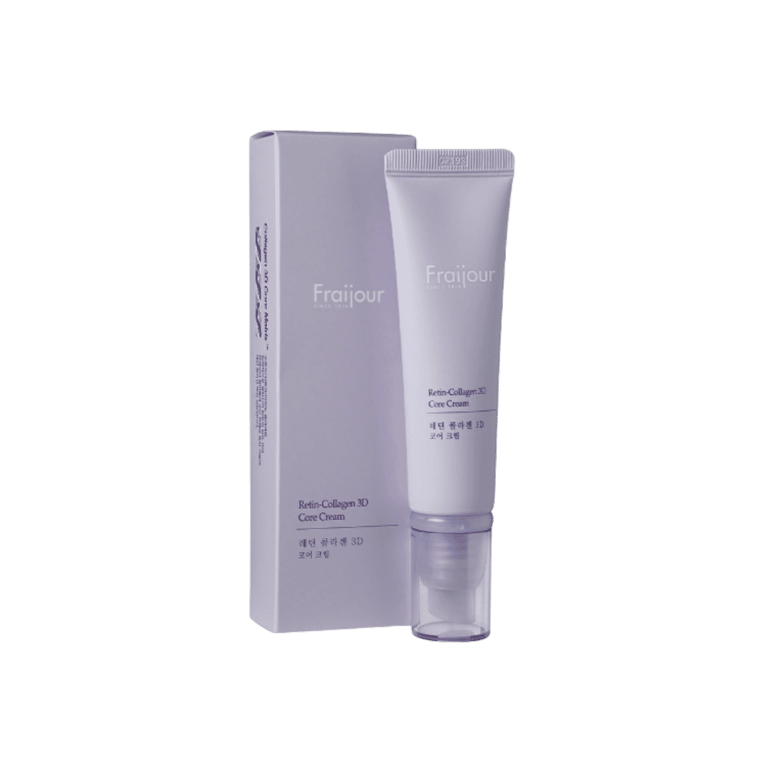 Fraijour Retin-Collagen 3D Core Cream, lavender squeeze tube with clear pump cap, accompanied by matching lavender box, printed text branding, 1080x1080px