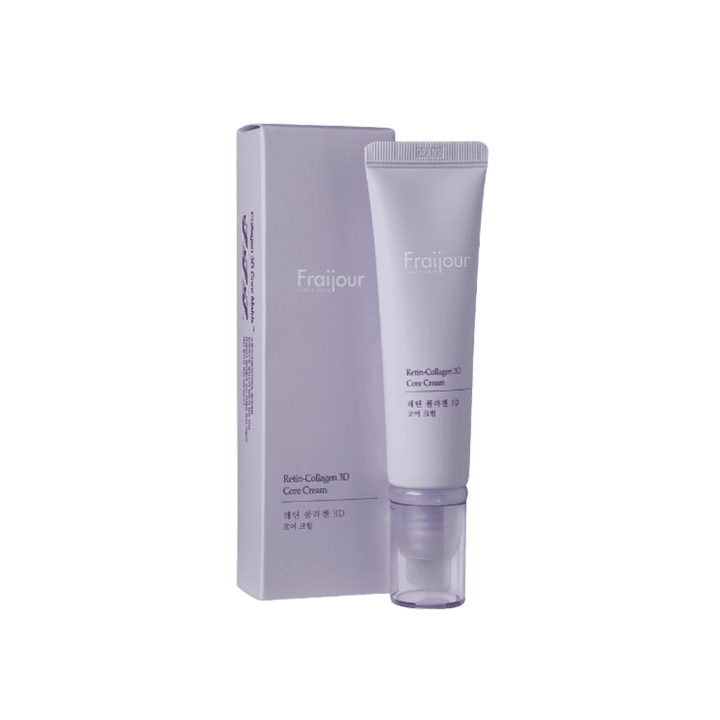 Fraijour Retin-Collagen 3D Core Cream, lavender squeeze tube with clear pump cap, accompanied by matching lavender box, printed text branding, 1080x1080px