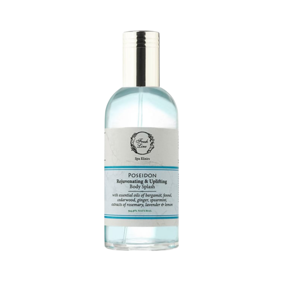 Fresh Line Poseidon Rejuvenating & Uplifting Body Splash bottle, blue liquid, spray cap, spa elixir.