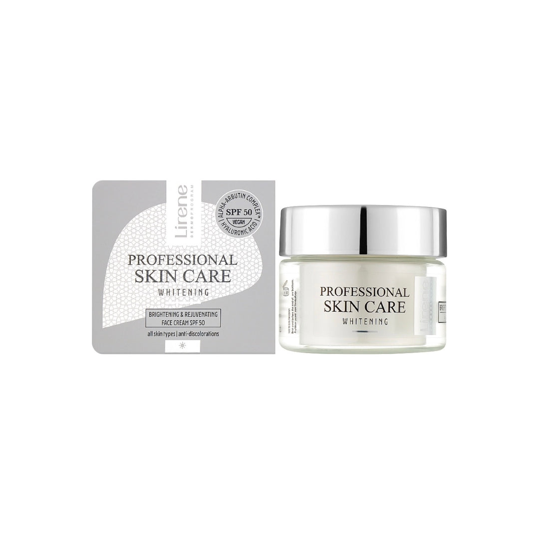 Lirene Professional Skin Care Whitening Face Cream Spf50 - 50ml | ليرين كريم مرطب لتفتيح الوجه مع عامل حماية من الشمس 50% - 50 مل