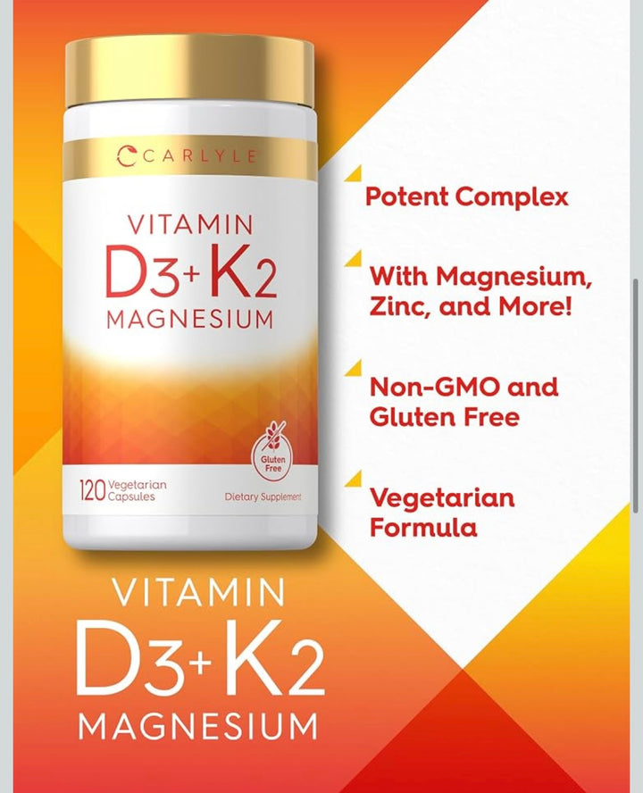 CARLYLE Vitamin D3 K2 Magnesium - 120 Vegetarian Capsules | كارلايل فيتامين D3 + K2 مع المغنيسيوم - 120 كبسولة نباتية