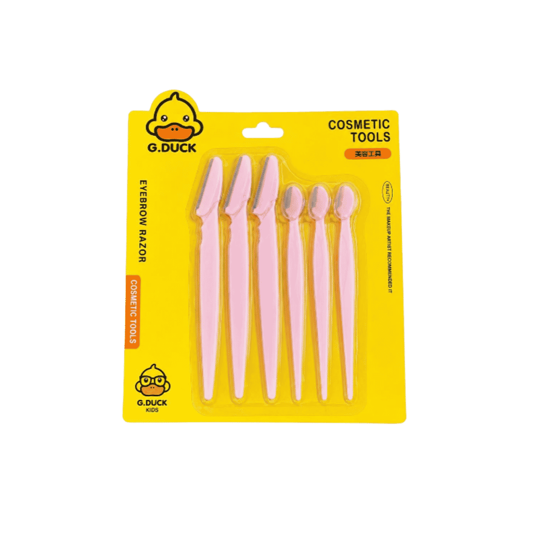 G.DUCK eyebrow razor set, six pink cosmetic razors in yellow blister packaging.