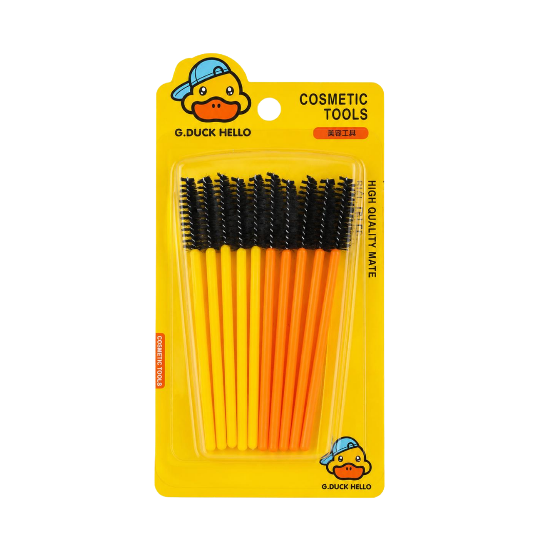 G.Duck cosmetic spoolie brushes set with black bristles, yellow orange handles on yellow card