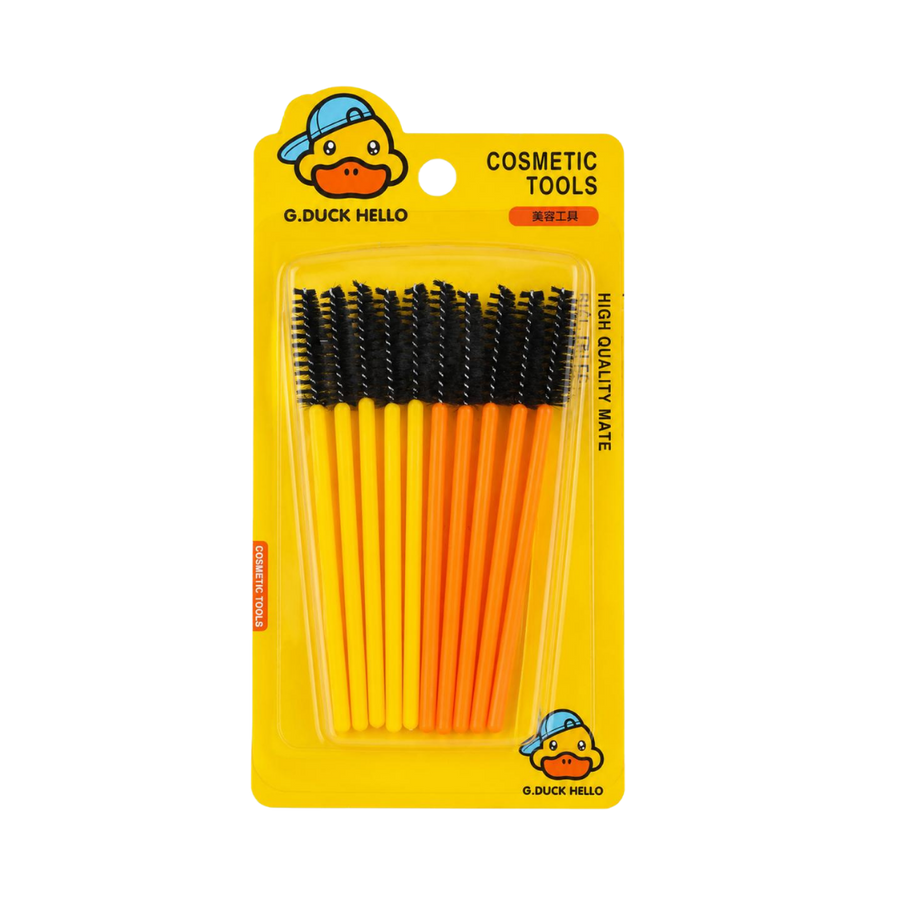 G.Duck cosmetic spoolie brushes set with black bristles, yellow orange handles on yellow card