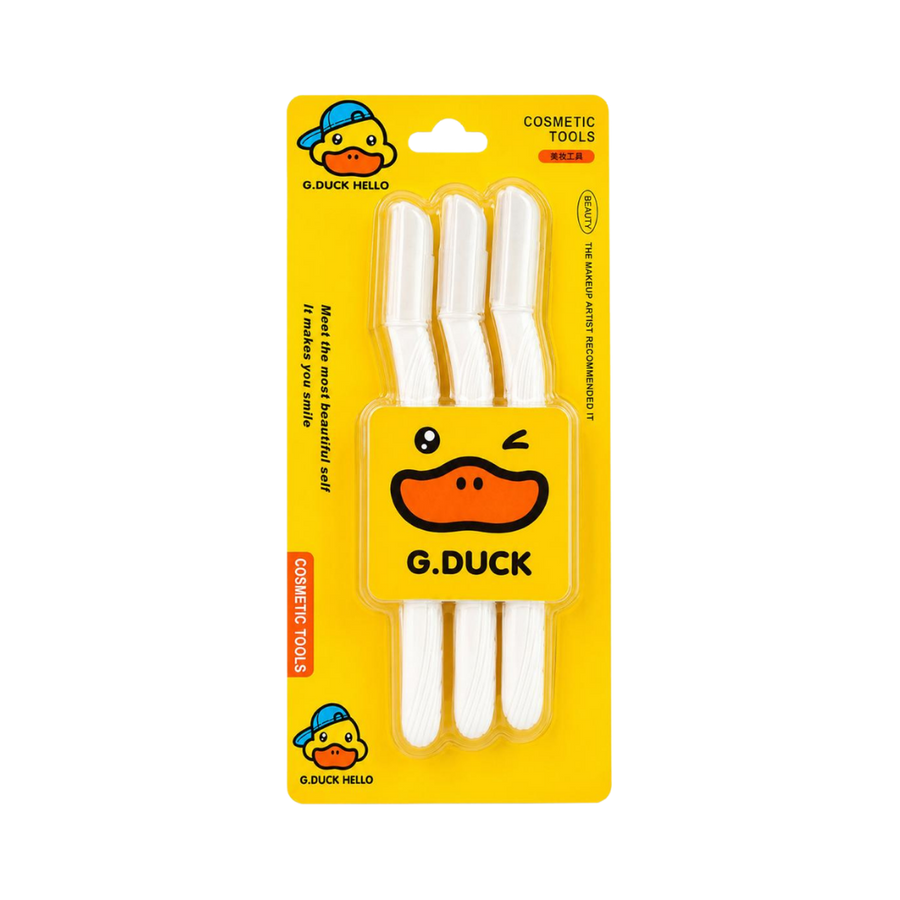 G.Duck facial eyebrow razors set, three white shavers on yellow duck-themed cosmetic tools card