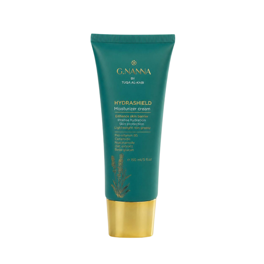 G.NANNA Hydrashield moisturizer cream, 150ml, in a dark green squeeze tube with metallic gold cap.