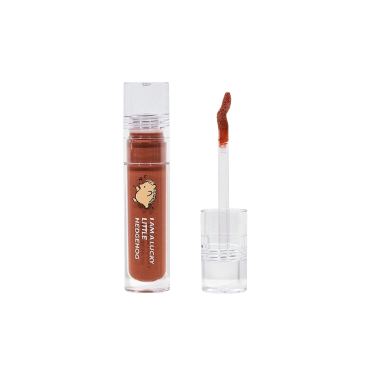 GOGO TALES I Am a Lucky Little Hedgehog lip tint, brown shade, clear tube and doe-foot applicator.