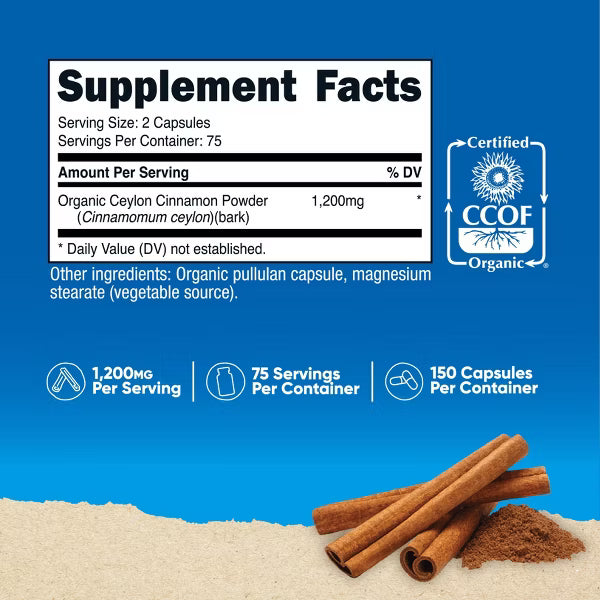 Nutricost Organic Ceylon Cinnamon 1,200mg - 150 Capsules | نيوتريكوست قرفة سيلان العضوية 1,200 ملغ - 150 كبسولة