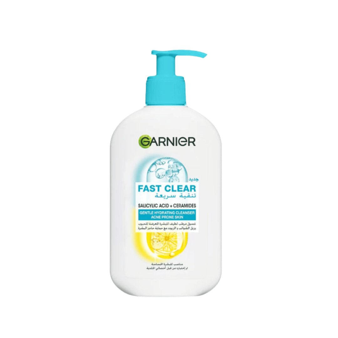 Garnier Fast Clear gentle hydrating cleanser bottle with pump, salicylic acid and ceramides face wash for acne prone skin