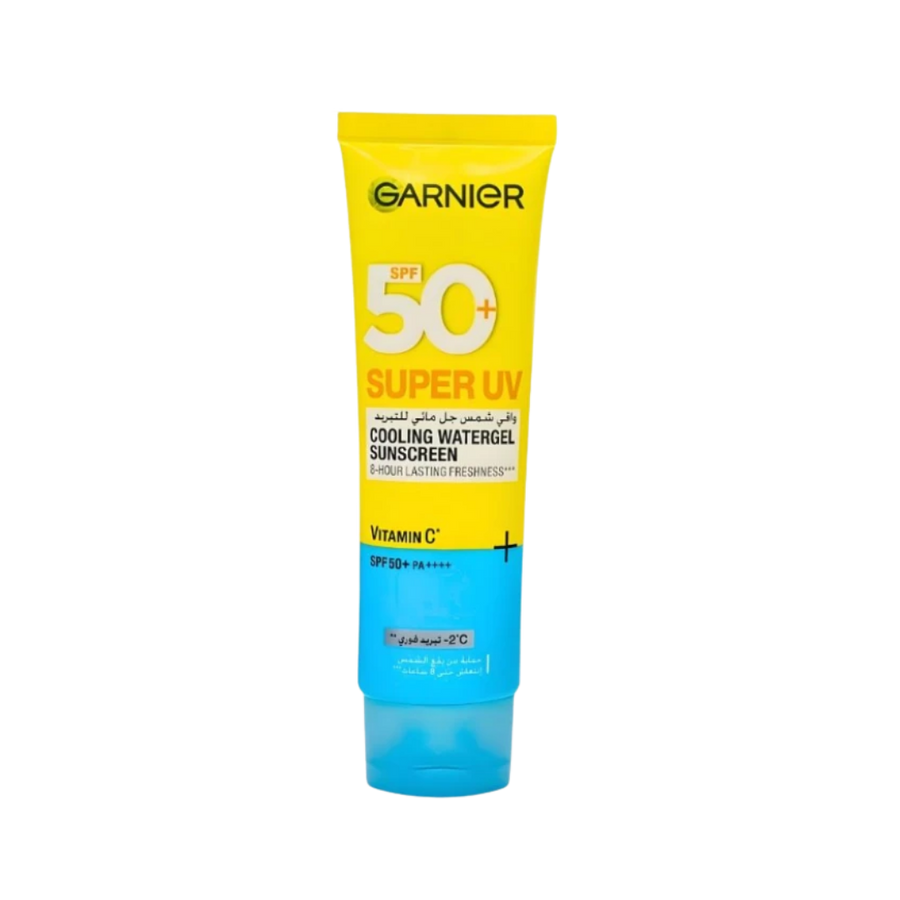 Garnier Super UV Cooling Water Gel Sunscreen SPF 50+ 60ml yellow and blue tube with blue cap