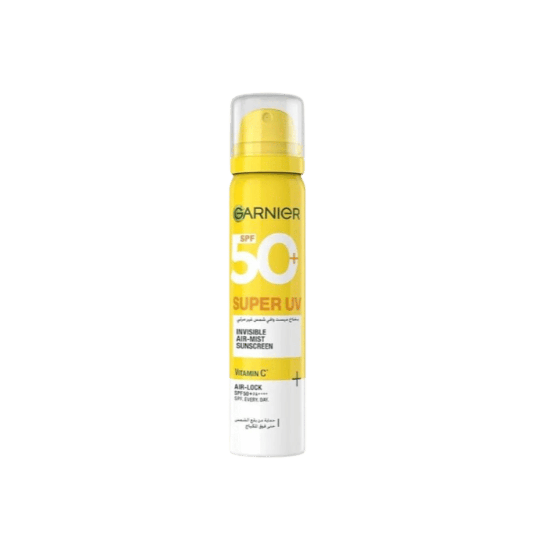 Garnier Super UV SPF 50+ Invisible Air-Mist Sunscreen, yellow and white spray bottle.