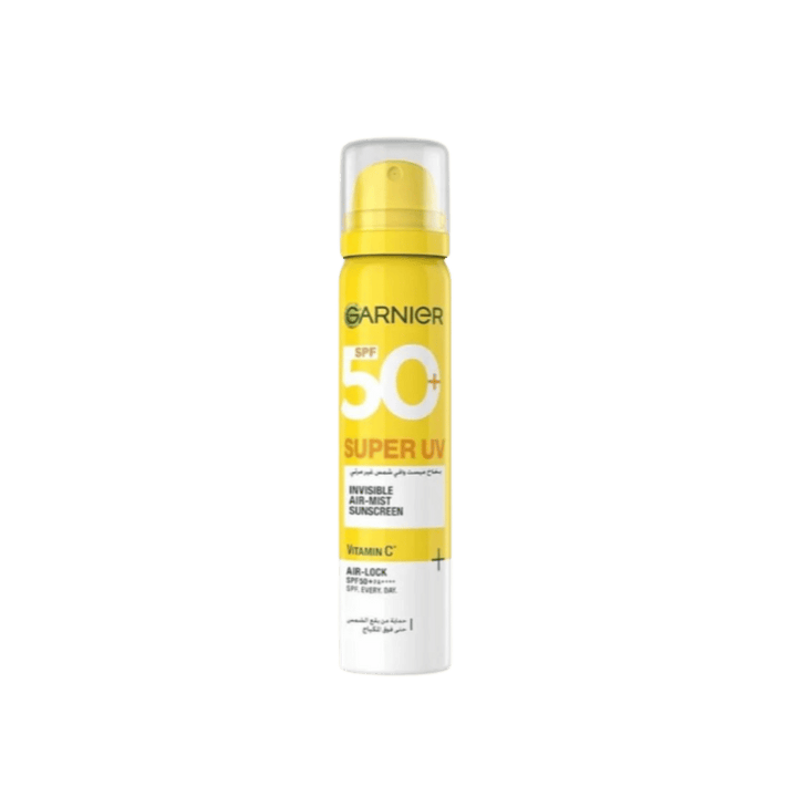 Garnier Super UV SPF 50+ Invisible Air-Mist Sunscreen, yellow and white spray bottle.