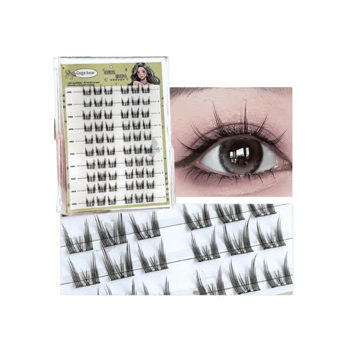 Gege Bear individual false eyelashes set, clear plastic tray with multiple black lash clusters, close-up showing applied lashes on eye, 1080x1080px
