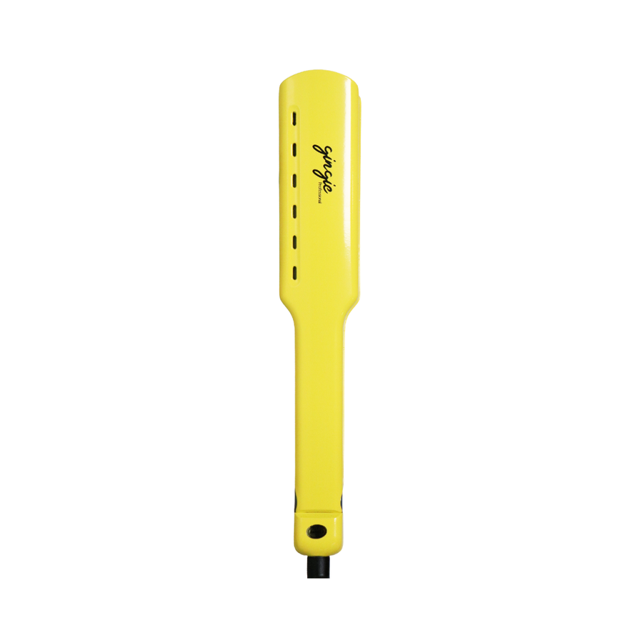 Gingie Professional Silky hair straightener, glossy yellow body, black vents, power cord, rounded handle