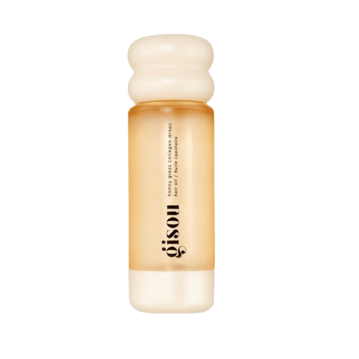 Gisou Honey Gloss Collagen Drops Hair Oil 20ml amber bottle with rounded cream cap and honey-colored oil.