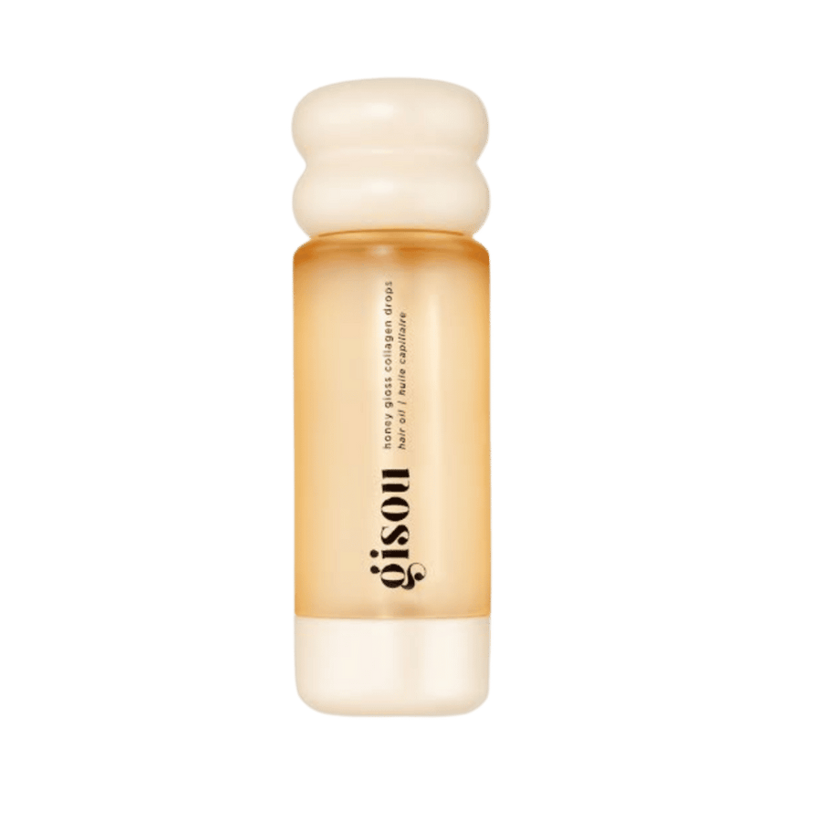 Gisou Honey Gloss Collagen Drops Hair Oil 20ml amber bottle with rounded cream cap and honey-colored oil.