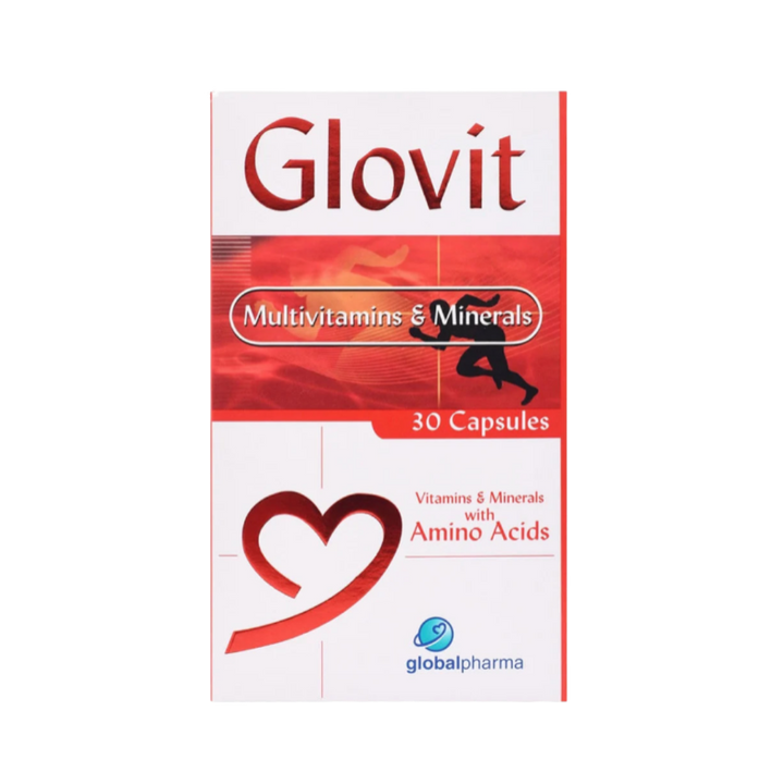 Glovit multivitamins and minerals capsules, 30-capsule box, with amino acids, red and white packaging.
