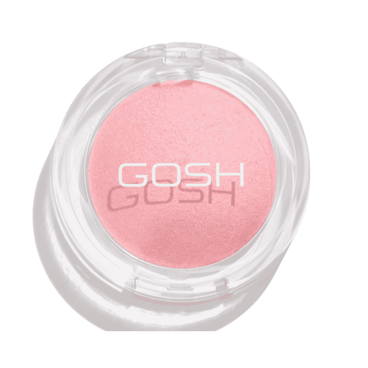 GOSH baked blush compact pink shade round transparent case shimmering finish face makeup product