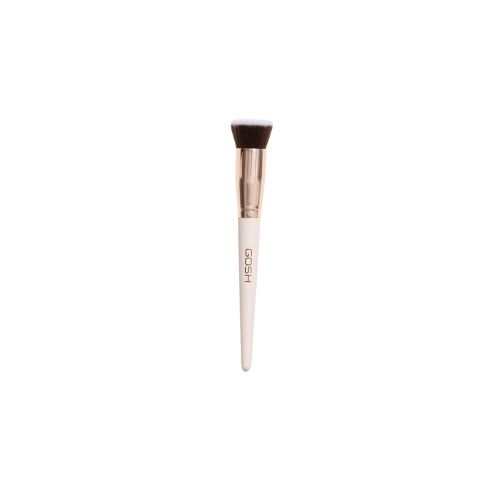 GOSH flat top makeup brush, dense angled bristles with beige handle and metallic ferrule for foundation application.