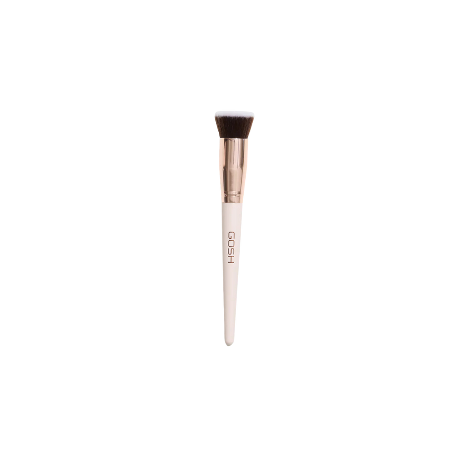 GOSH flat top makeup brush, dense angled bristles with beige handle and metallic ferrule for foundation application.