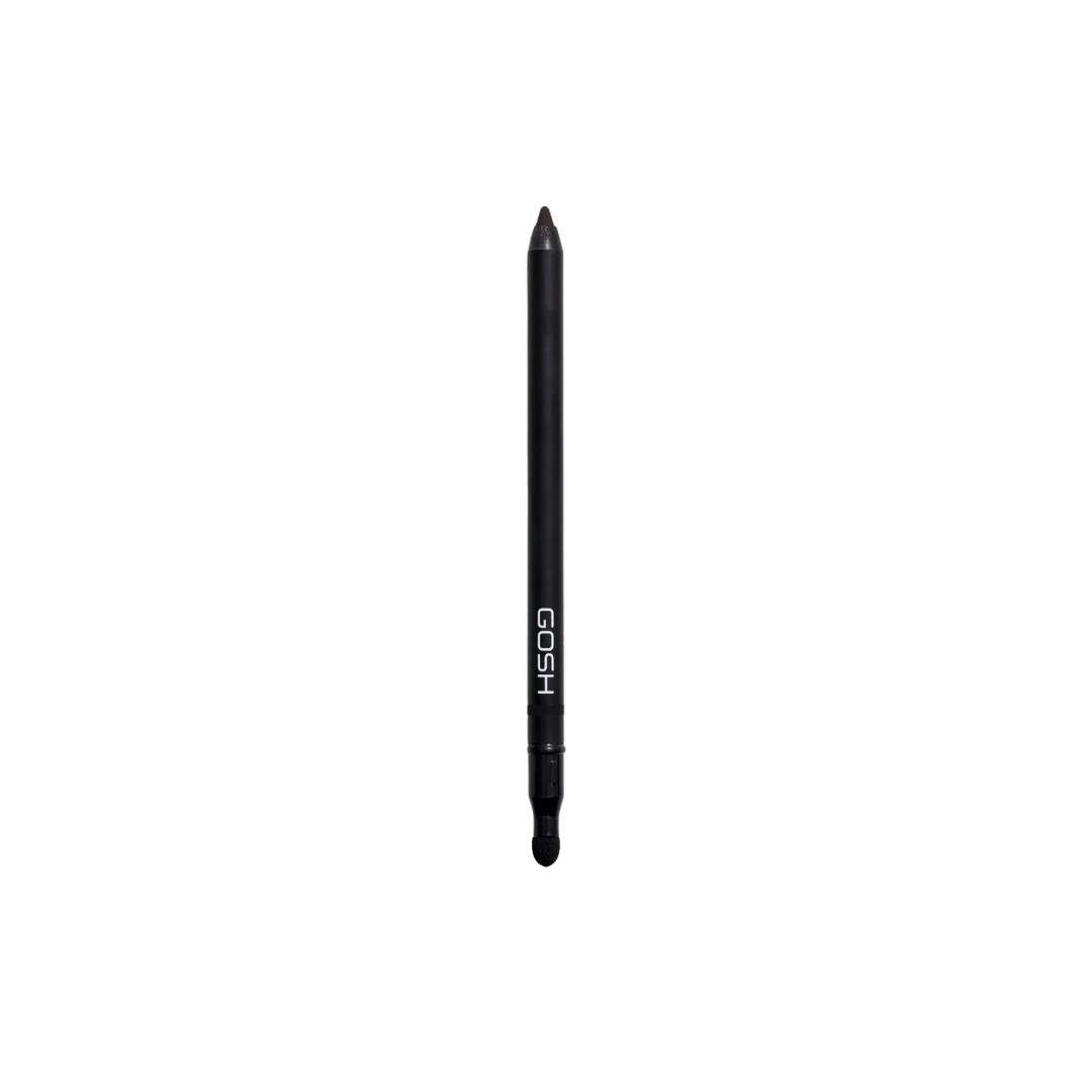 GOSH black eyeliner pencil with matte black barrel, sharpened tip, and sponge smudger applicator.