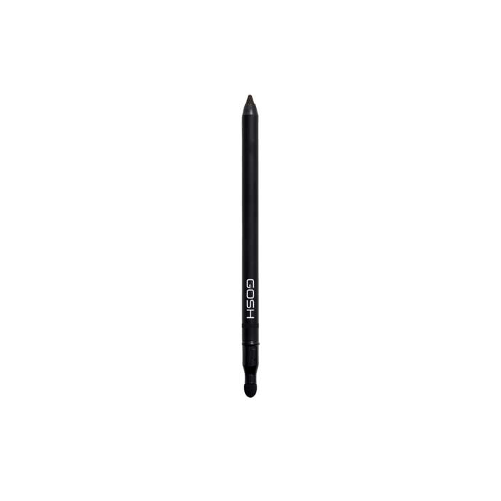 GOSH black eyeliner pencil with matte black barrel, sharpened tip, and sponge smudger applicator.