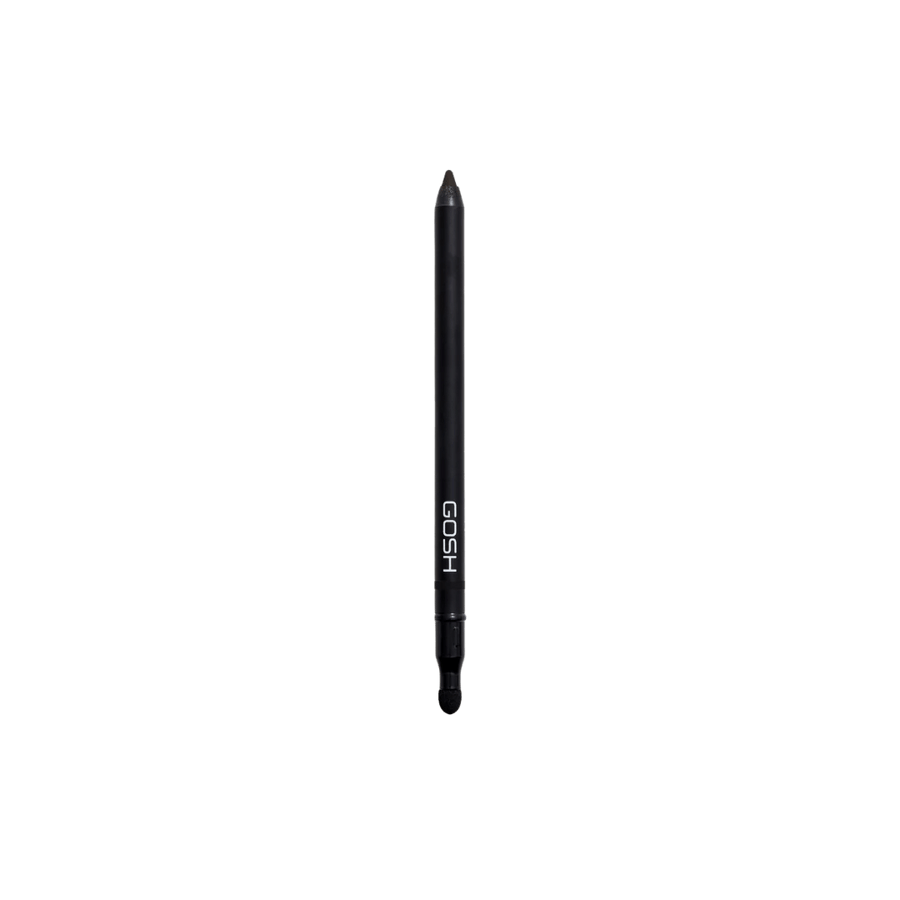 GOSH black eyeliner pencil with matte black barrel, sharpened tip, and sponge smudger applicator.