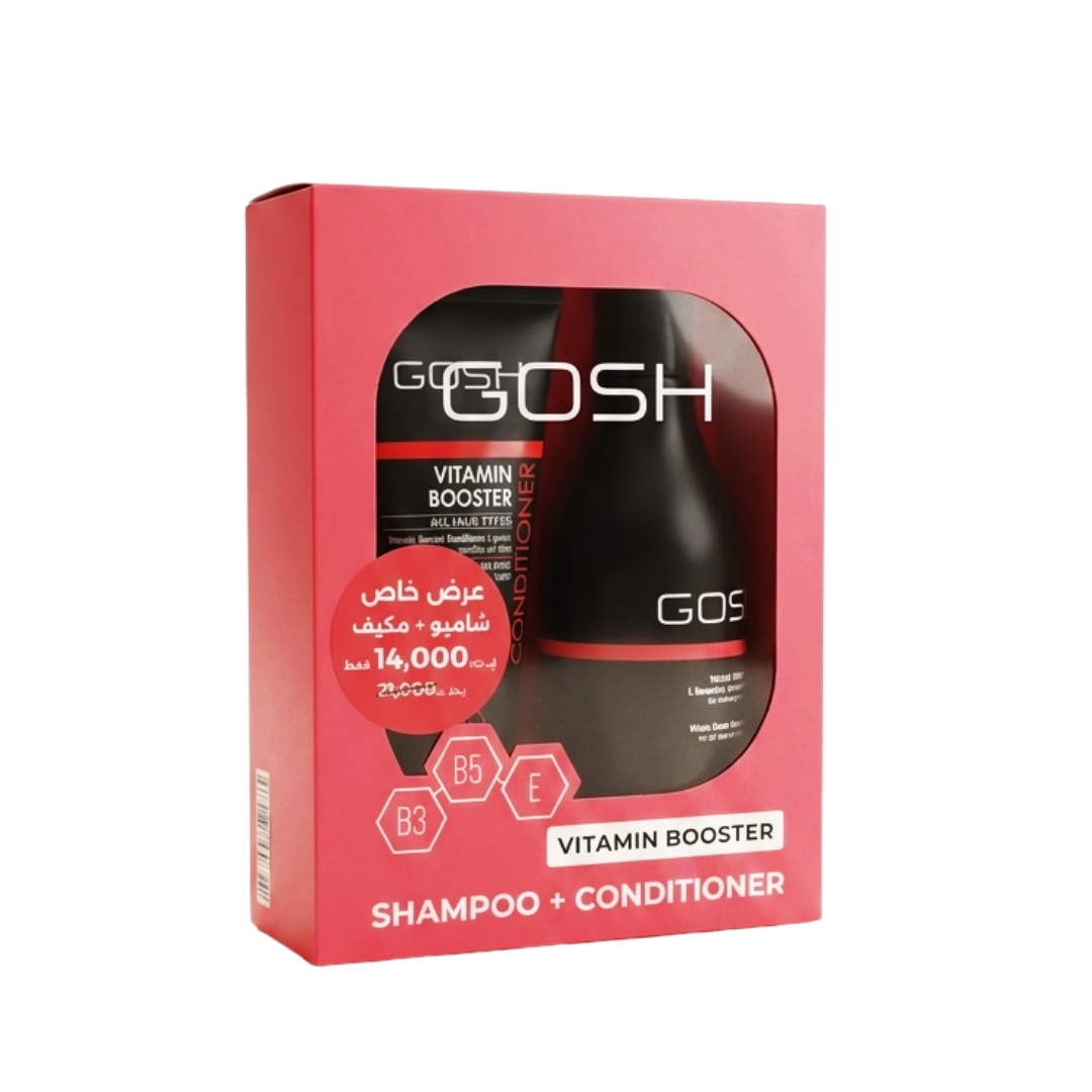 GOSH Vitamin Booster shampoo and conditioner set, two black bottles in pink windowed cardboard box